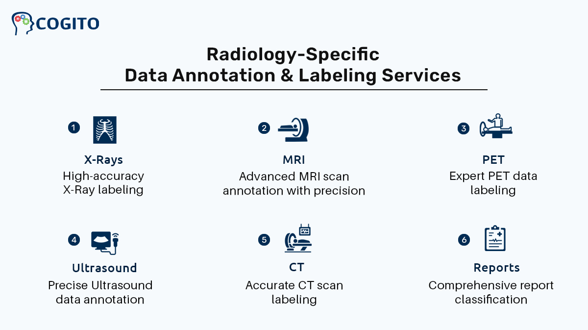 At Cogito, we specialize in providing high-quality datasets essential for constructing scalable AI models in Radiology. Our expertise covers various radiological modalities, including CT, MRI, ultrasound, PET, and X-ray.💻