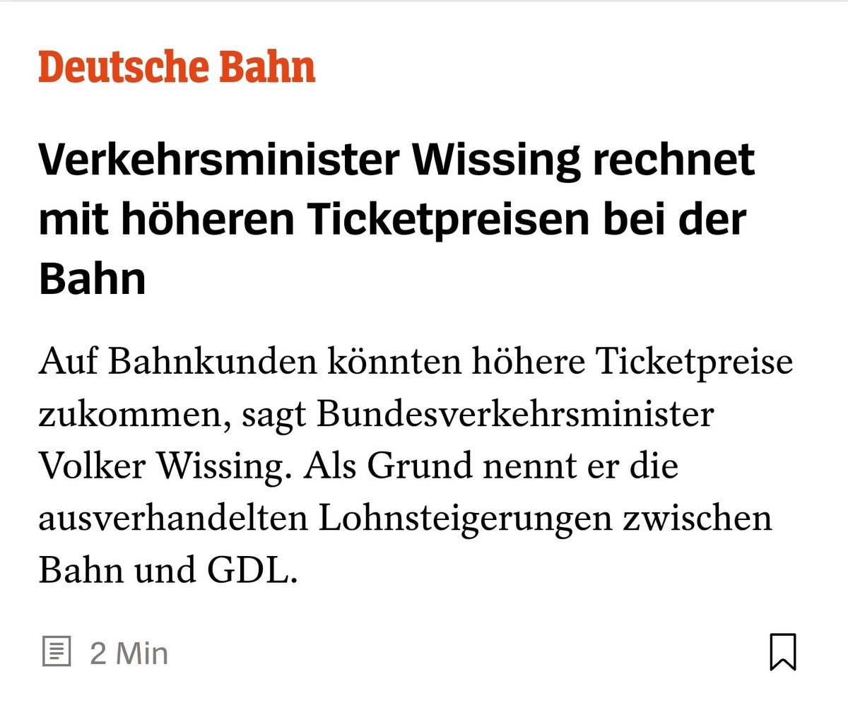 Dass das kommt, war ja so sicher, wie das Amen in der Kirche! Unanständig, dass Volker Wissing die Bahnkunden jetzt in Geiselhaft nehmen will, weil die GDL im Tarifkompromiss Erfolg hatte. Schuld an hohen Preisen sind Bahnvorstand und Politik, nicht die Beschäftigten.