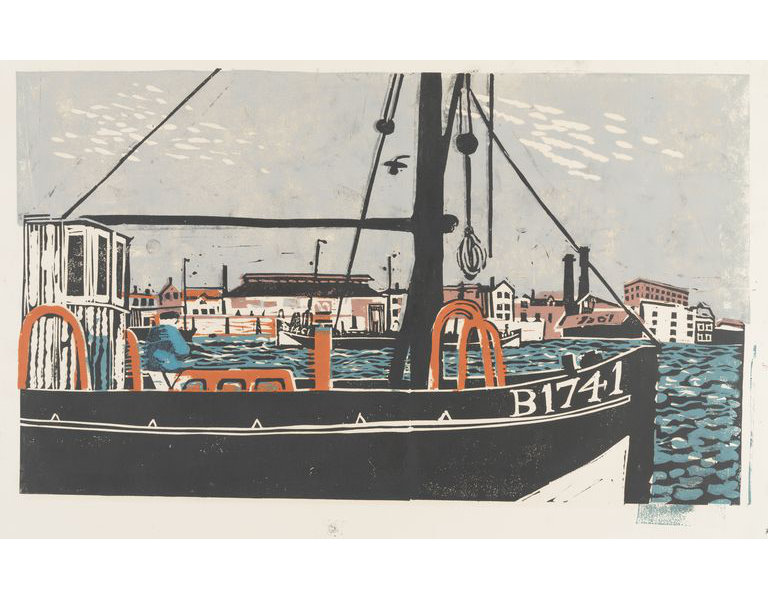 Linocut. 'Etaples-Sur-Mer', Alistair Grant, date unknown,1950s perhaps #linocutartists