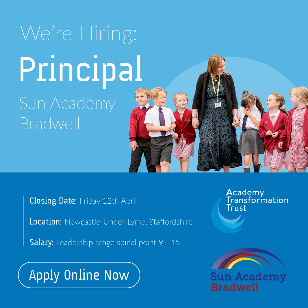 Academy Transformation Trust (@academytrust) on Twitter photo Think you have what it takes to make <a href="/Sunbradwell/">Sun Academy Bradwell</a> our first outstanding primary academy? We need an ambitious and experienced principal to lead a strong and supportive team on the next stage of this journey.
Find out more & apply: mynewterm.com/school/Sun-Acaβ¦
#headteacher #edujobs Think you have what it takes to make <a href="/Sunbradwell/">Sun Academy Bradwell</a> our first outstanding primary academy? We need an ambitious and experienced principal to lead a strong and supportive team on the next stage of this journey.
Find out more & apply: mynewterm.com/school/Sun-Acaβ¦
#headteacher #edujobs