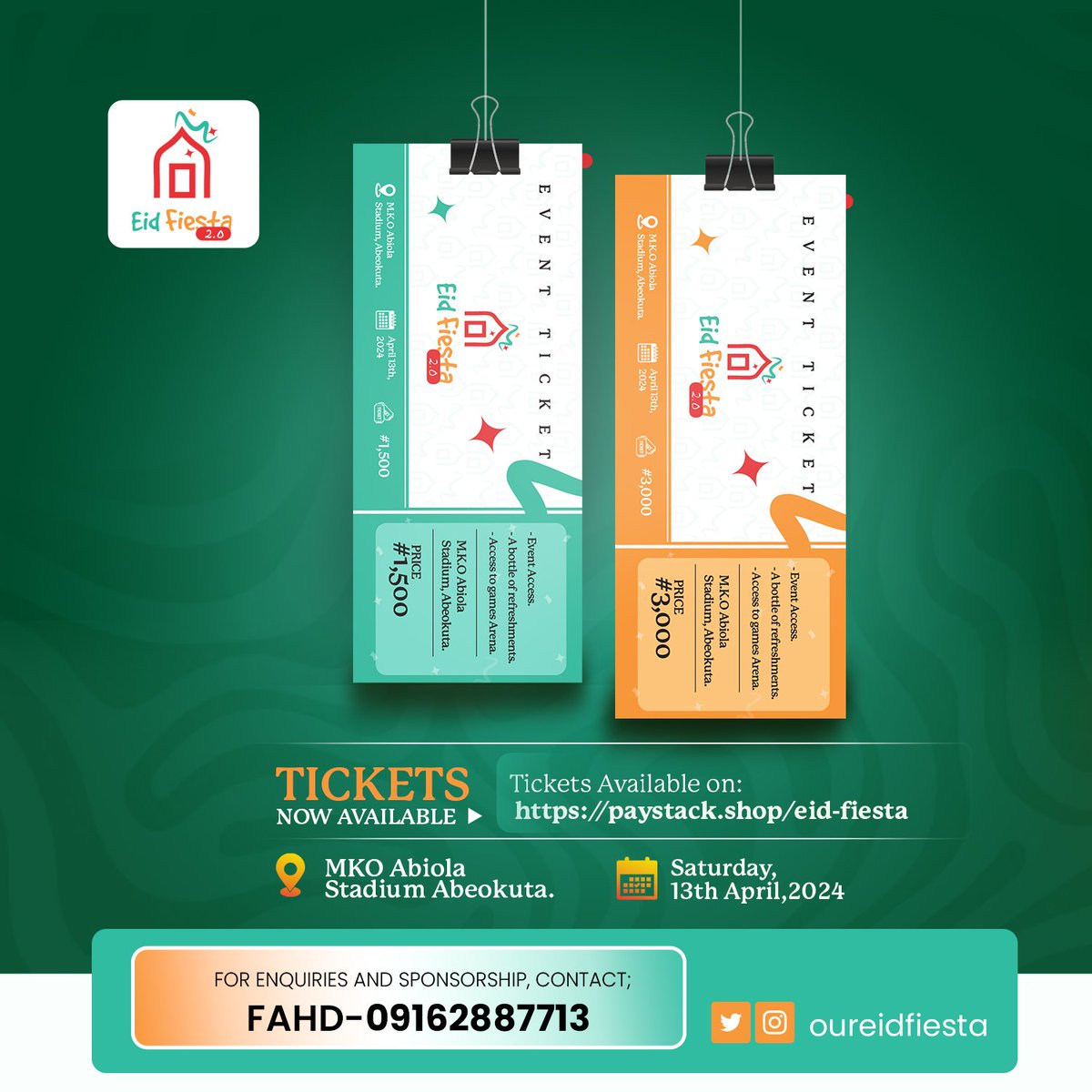 OurEidFiesta's tweet image. Join us for Eid Fiesta 2.0! Games, Halal networking, and unforgettable memories await. 
Register now by clicking the link in our bio. 
Adult tickets: #3000 
Kids&apos; tickets: #1500. 

Don&apos;t wait! Register NOW!

 #oureidfiesta2024 #ramadan #halalfun #abeokuta