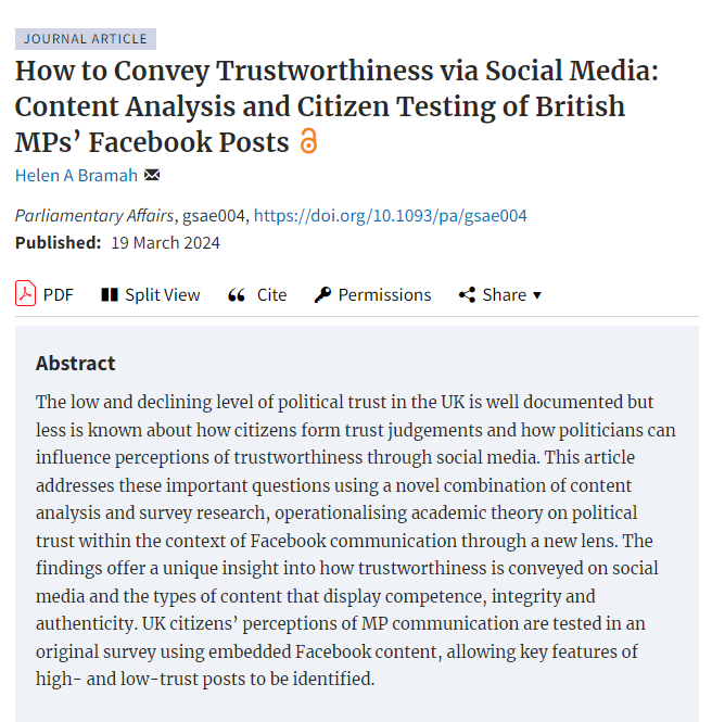 Excited to share my first academic publication! 📣 In this paper I look at how British MPs are using Facebook to communicate with citizens and how that relates to perceptions of (un)trustworthiness academic.oup.com/pa/article/doi…