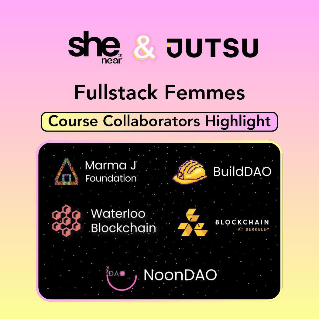 Meet the amazing communities collaborating with us on the Fullstack Femmes course with
@tryjutsu
@itsmarmaj 
@NearBuilders
@wlooblockchain
@CalBlockchain
@NoonDAOorg

Sign up here 👇
jutsu.ai/courses/fullst…