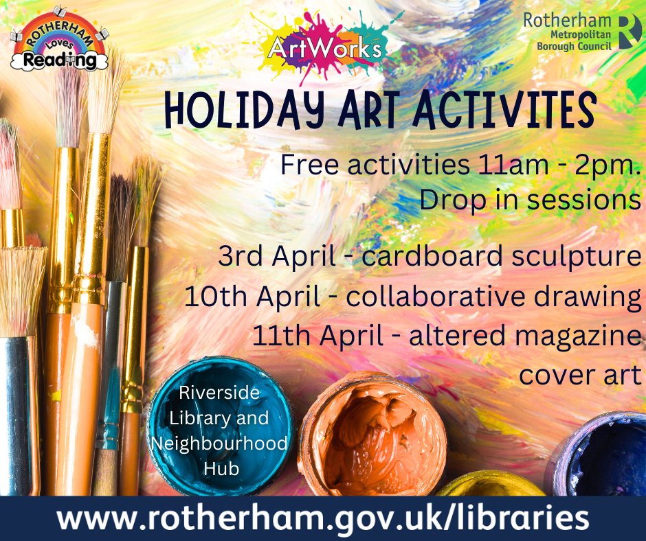 After their last success, Artworks are having some half term art activities. Come and join us in the Riverside Library and Neighbourhood Hubs café space for some creative drop-in sessions. #loveyourlibrary #artworks