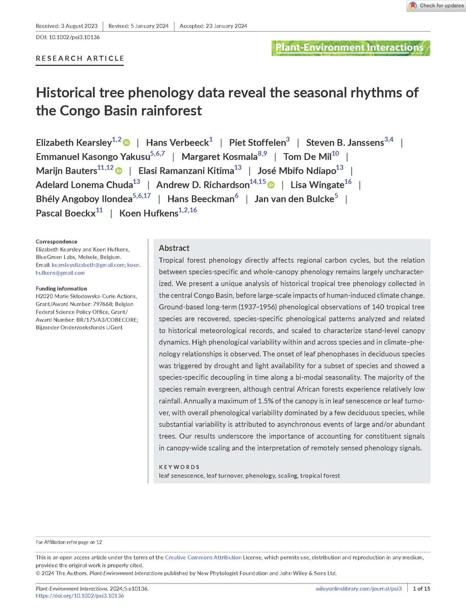 🌳New research article in Plant-Environment Interactions : Kearsley E. et al. [2024] Historical tree phenology data reveal the seasonal rhythms of the Congo Basin rainforest. 👉 More info: hdl.handle.net/2268/314679 @FORIL_Uliege @AgroBioTech @UniversiteLiege
