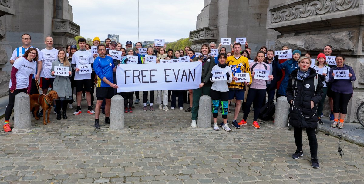 Thank you to the dozens of journalists, diplomats, EU officials and others who joined us for #IRunForEvan in Brussels this morning. This is one of 12+ runs worldwide to mark the outrageous anniversary of Evan Gershkovich's detention. (Photo by Olivier Hoslet) #FreeEvan