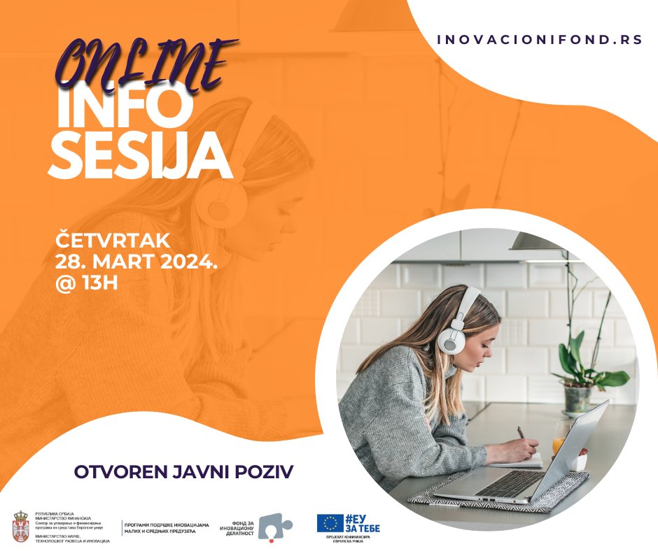📆Još ovog četvrtka pridružite nam se na online info sesiji.

⏳Vreme ističe - rok za prijavu je 1. april 2024. u 12h.

📍Lokacija: us06web.zoom.us/j/86373027646
Javni poziv Fonda: inovacionifond.rs/cir/info/srbij…

💫 #FondProgrami #InfoSesija #PrijaviseSad