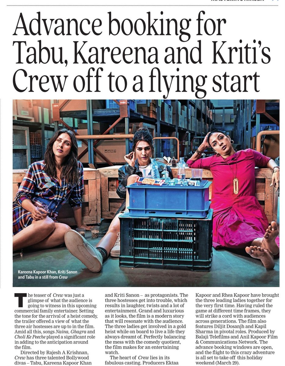 Advance booking for Tabu, Kareena and Kriti's Crew off to a flying start

#Crew #CrewMovie  
#Tabu #KareenaKapoor #KritiSanon 
@kritisanon