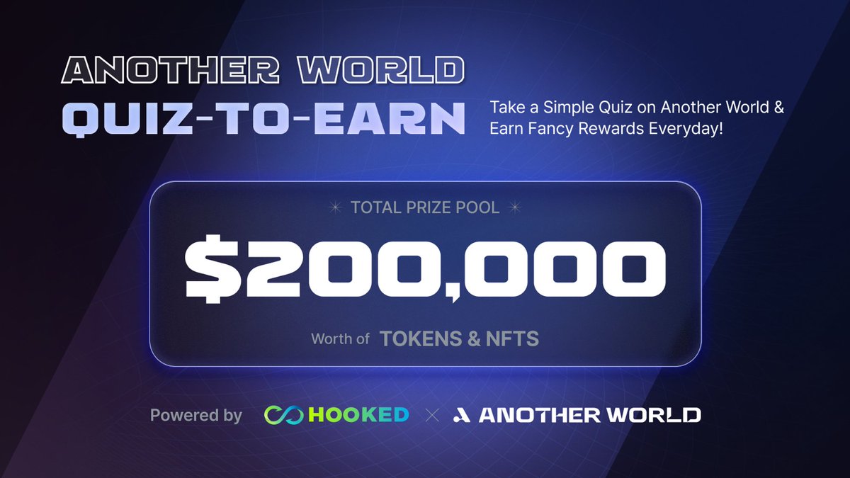 🎉Another World Quiz-to-Earn starts tomorrow! 🔥 Get ready to win a share of $200,000 by taking a Quiz on @anotherworldgm & @HookedProtocol ! 📅3/28 00:00 (UTC) ~ 🪙#Airdrop Rewards $200,000 worth of $AWM, $HOOK, #NFT 📘bit.ly/4a8W8op 👉attends.anotherworld.game