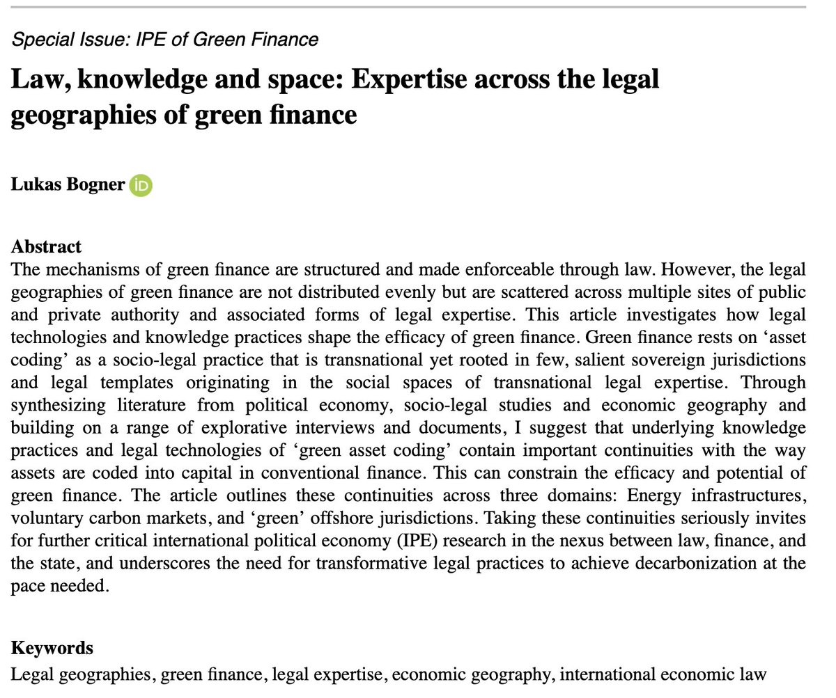 My first single-authored paper is out in @CompChange as part of a special issue on the IPE of Green Finance by @mbabic_1 and Sarah Sharma! journals.sagepub.com/doi/10.1177/10…
