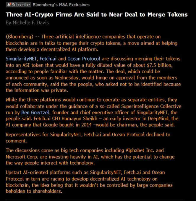 JUST IN: $FET, $AGIX and $OCEAN are discussing a token merger valued at approximately $7.5B to create a decentralized AI platform. 

<a href="/oceanprotocol/">Ocean Protocol</a> <a href="/SingularityNET/">SingularityNET</a> <a href="/Fetch_ai/">Fetch.ai</a>