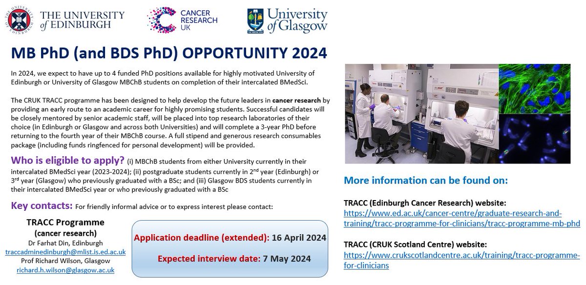 The application deadline for the CRUK funded TRACC Programme MB-PhD positions has been extended till 16 April! Details in the picture below. Also available (including application form) at: ed.ac.uk/cancer-centre/…