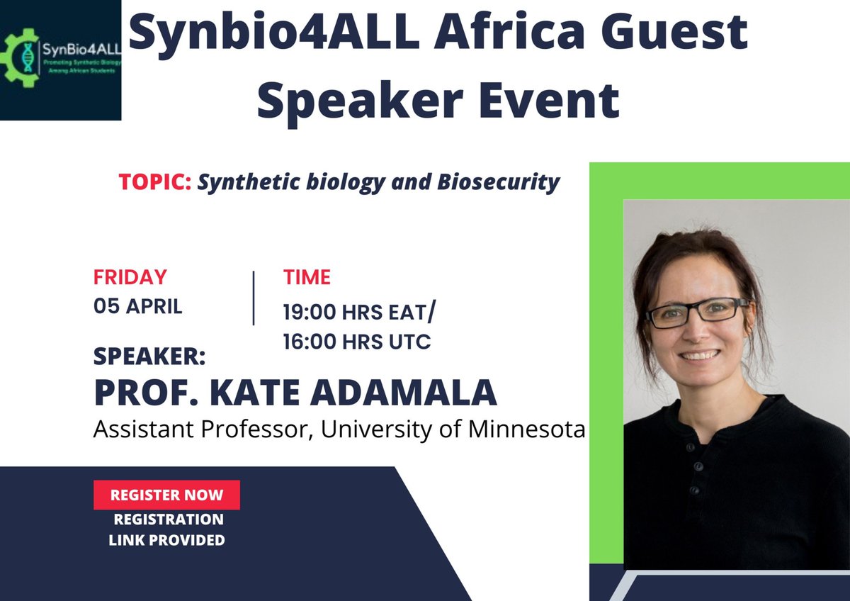 🔬✨ Get ready for an unforgettable experience with SynBio4ALL Africa! 🌍 Join us for Guest Speaker Event 2 featuring the incredible Professor @KateAdamala from the University of Minnesota. Register now: lu.ma/lu73z4x0. Let's shape the future together!💡