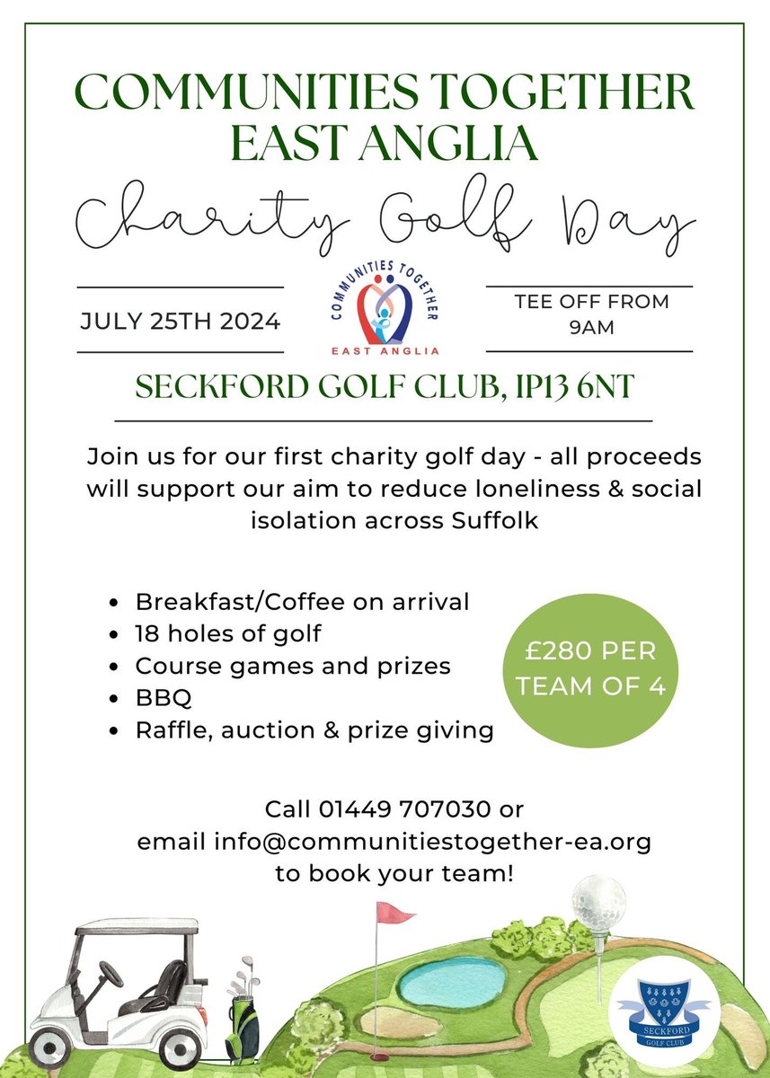 Charity Golf Day - Thursday 25th July 2024 - Seckford Golf Club

Please email info@communitiestogether-ea.org for more information and to be sent a booking form.
