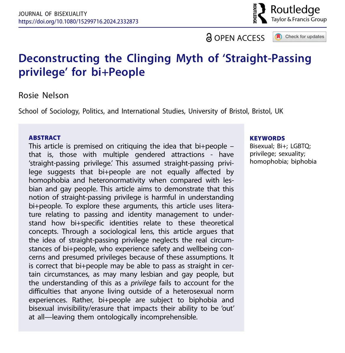 My newest article - ‘Deconstructing the clinging myth of straight passing privilege for bi+ people’ - is now available at the Journal of Bisexuality (@bisexualscience @SPAISBristol)