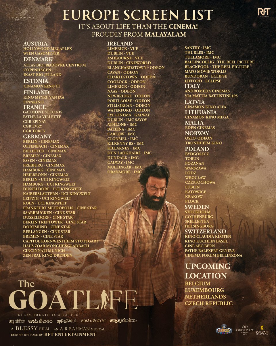 #Aadujeevitham #TheGoatLife EUROPE screen list. @FilmsRft release all over the EUROPE. #PrithvirajSukumaran