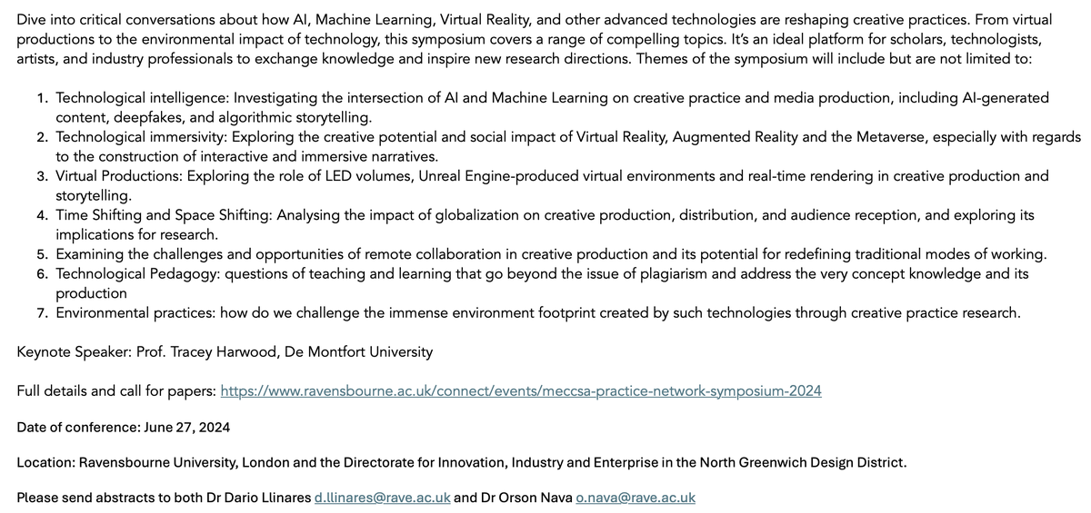 We have decided to extend the deadline for abstracts for the forthcoming MeCCSA Practice Network Symposium on 'intelligent technologies' & Creative Practice Research @RavensbourneUK, London, until 15 April. Full details & CFP: ravensbourne.ac.uk/connect/events… Conference date: 27th June