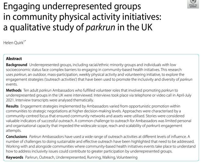 A labour of love but so pleased to see it in print <a href="/BioMedCentral/">BMC</a>. An honest account of the highs &amp; lows of community outreach. There are challenges, but parkrun is addressing them &amp; I'm thrilled to be working with them to grow &amp; diversify junior parkrun🌟 doi.org/10.1186/s12889…