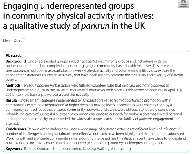 A labour of love but so pleased to see it in print @BioMedCentral. An honest account of the highs & lows of community outreach. There are challenges, but parkrun is addressing them & I'm thrilled to be working with them to grow & diversify junior parkrun🌟 doi.org/10.1186/s12889…