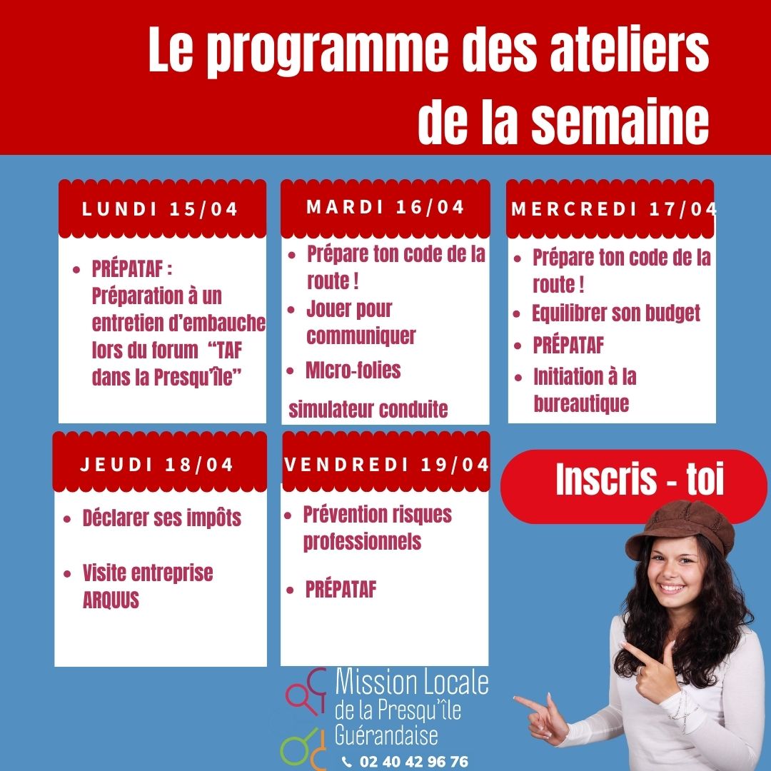 N'oublie pas de t'inscrire aux ateliers de cette semaine 
📞02.40.42.96.76

#missionlocale #jeunes #CEJ #offredeservices #emploi