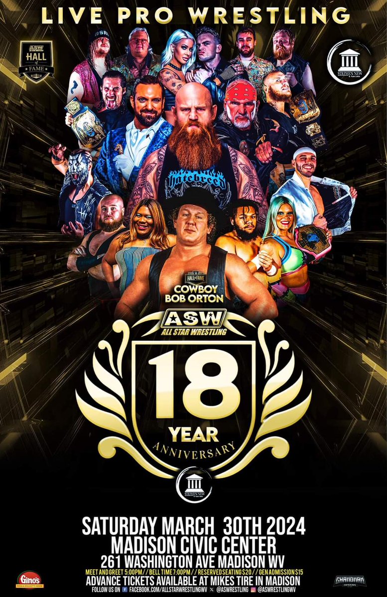 This Saturday, ASW returns to The Madison Civic Center in Madison West Virginia for our 18 year Anniversary Show. This will be a stacked card from top to bottom. Sponsored by @StephenPNew and New Law Offices. Tickets will be available through PayPal until Friday, then at the door