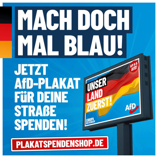 Bitte retweeten! Unterstütze jetzt die #AfD im kommenden Wahlkampf: Mit einer #Plakatspende in Deiner Stadt! Hier informieren und den besten Platz für Dein Plakat sichern: plakatspendenshop.de/AfD-Europawahl