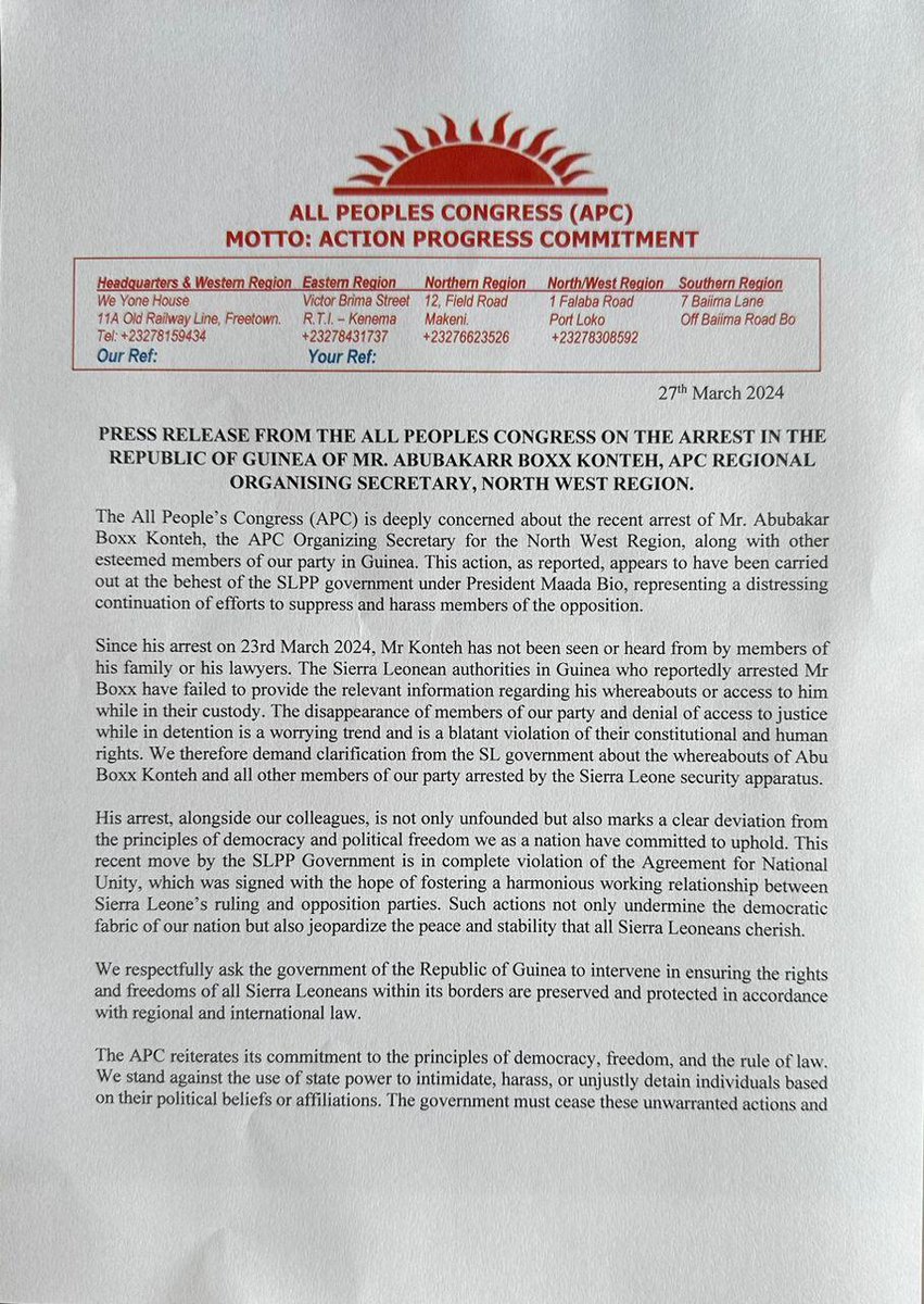 The opposition in Parliament joins the party to demand for the immediate release of Comrade Abu Bakarr Boxx Konteh who was arrested in Guinea.