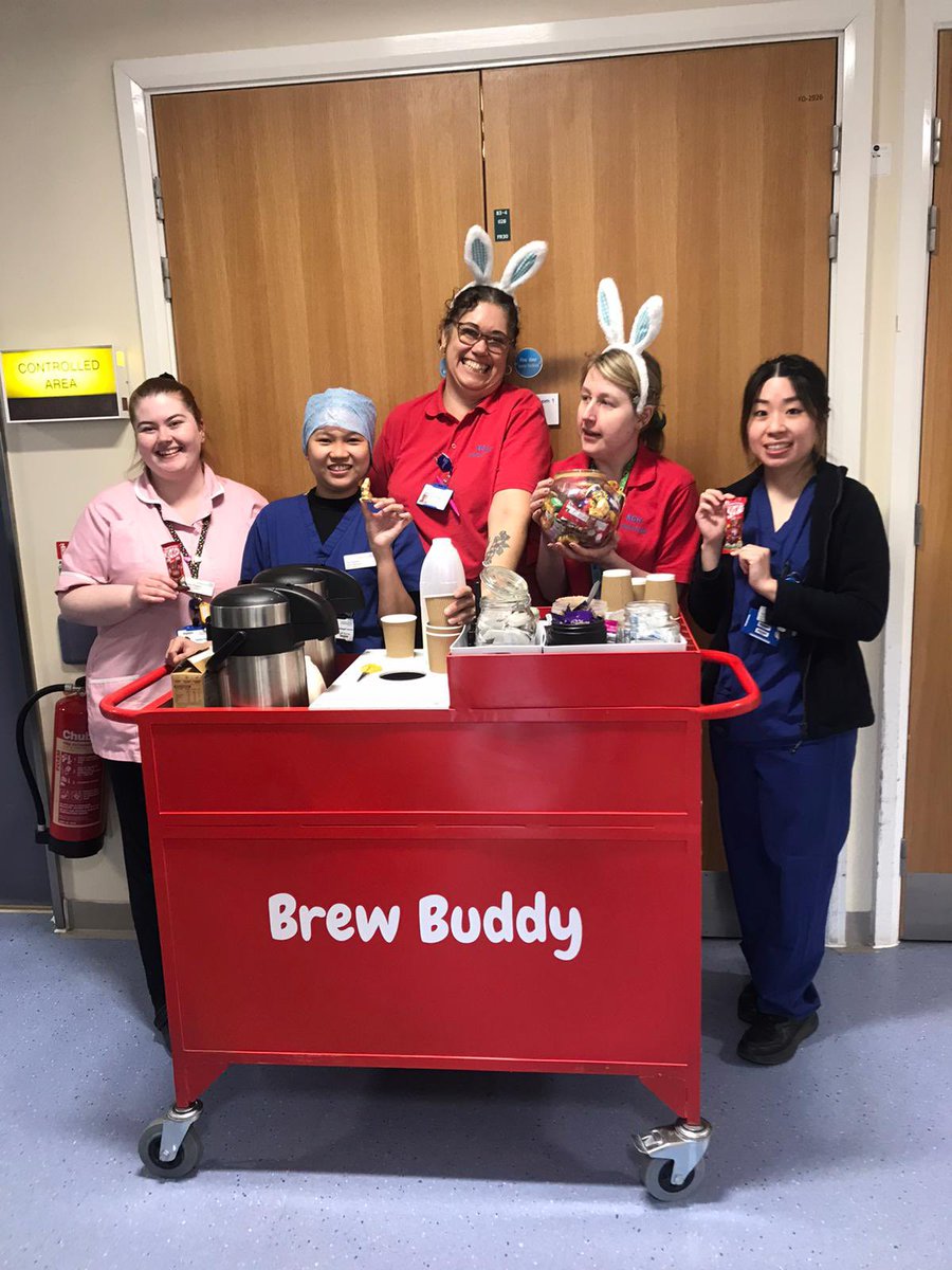 Our Volunteers Emily & Karen are out delivering Easter treats with a #brewbuddy this morning that were kindly donated by Tony & family. Lots of smiles from staff #brewbuddy #treats #wellbeing