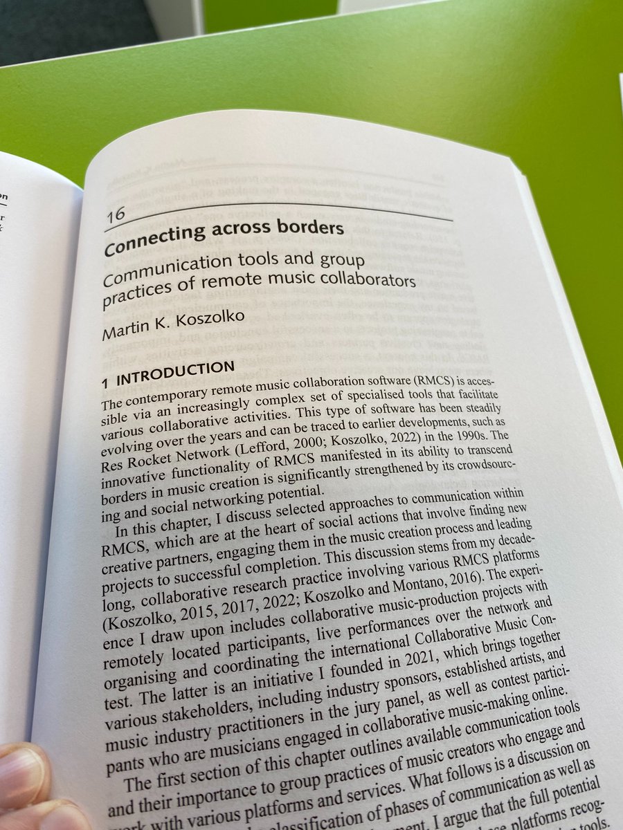 A few years in the making, this new book chapter was published by Routledge today: 'Connecting across borders: Communication tools and group practices of remote music collaborators'. Digital version available at: dx.doi.org/10.4324/978100…

#innovationinmusic #musiccollaboration