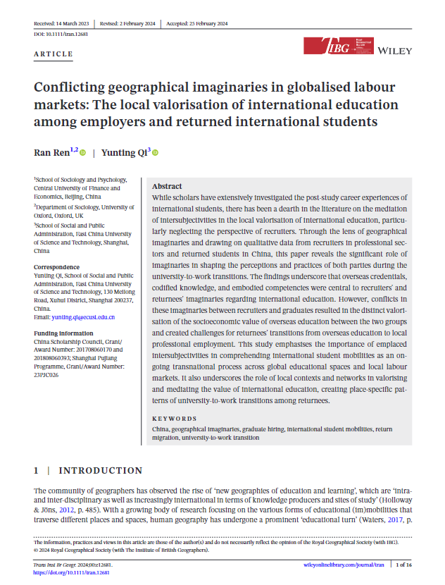 Interested in the geographies of international students?

Have a read of two recently published papers in our journals on international student mobility in UK universities & beyond ⬇️

@DrJesson @sophcranston @YuntingQi  #TIBG @geogjournal