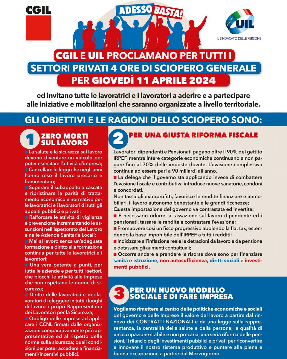 📷📷 UIL e CGIL proclamano per tutti i settori privati 𝟰 𝗼𝗿𝗲 𝗱𝗶 𝘀𝗰𝗶𝗼𝗽𝗲𝗿𝗼 𝗴𝗲𝗻𝗲𝗿𝗮𝗹𝗲 𝗴𝗶𝗼𝘃𝗲𝗱𝗶̀ 𝟭𝟭 𝗮𝗽𝗿𝗶𝗹𝗲!
Scioperiamo per: #ZeroMortiSulLavoro, un Fisco equo e giusto e un nuovo modello sociale e di fare impresa. Leggi qui:facebook.com/photo/?fbid=73…