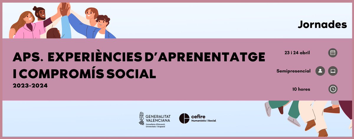Àmbit Humanístic i Social (@cefireambithis) on Twitter photo 📢 Jornades en inscripció. Aps, experiències d'aprenentatge i compromís social. L'aprenenetatge servei és una eina pedagògica potent per a unir l'éxit escolar i el compromís social.
🗓️23 i 24 abril ⏰ 10 hores
ℹ️ ✍️ cefire.edu.gva.es/sfp/index.php?…
#HumanisticiSocial <a href="/GVA_Cefire/">Formació, Innovació i Recursos per al Professorat</a> 📢 Jornades en inscripció. Aps, experiències d'aprenentatge i compromís social. L'aprenenetatge servei és una eina pedagògica potent per a unir l'éxit escolar i el compromís social.
🗓️23 i 24 abril ⏰ 10 hores
ℹ️ ✍️ cefire.edu.gva.es/sfp/index.php?…
#HumanisticiSocial <a href="/GVA_Cefire/">Formació, Innovació i Recursos per al Professorat</a>