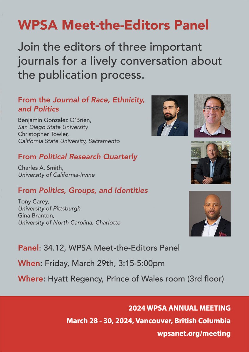 Friday, March the 29th at #WPSA2024 - The Editors of @JournalREP, @PRQjournal, and @PGI_WPSA will be available for a lively conversation about the publication process. cup.org/3TbMt9m @theWPSA @APSA_REP