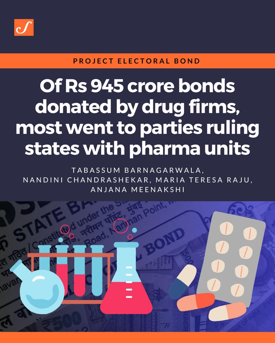 #ProjectElectoralBond | At least 22 of the 35 pharma companies donated money to the ruling parties in states where they produce their medicines. scroll.in/article/106581… Experts say this reflects the power that state governments wield over drug firms. Read full report to know