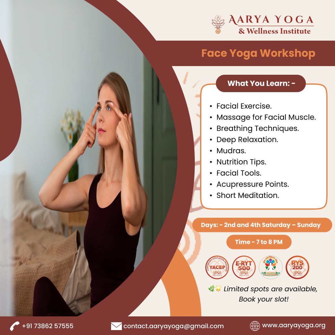 Face Yoga Workshop

🌿🌟 Limited spots are available, Book your slot!
Website: aaryayoga.org
Phone: 7386257555
Email: contact.aaryayoga@gmail.com

#sukshmavyayama #yoga #healthyyoga #healthbenefits #SukshmaVyayamaWorkshop #aaryayoga #yogaforhealth #yogaworkshop