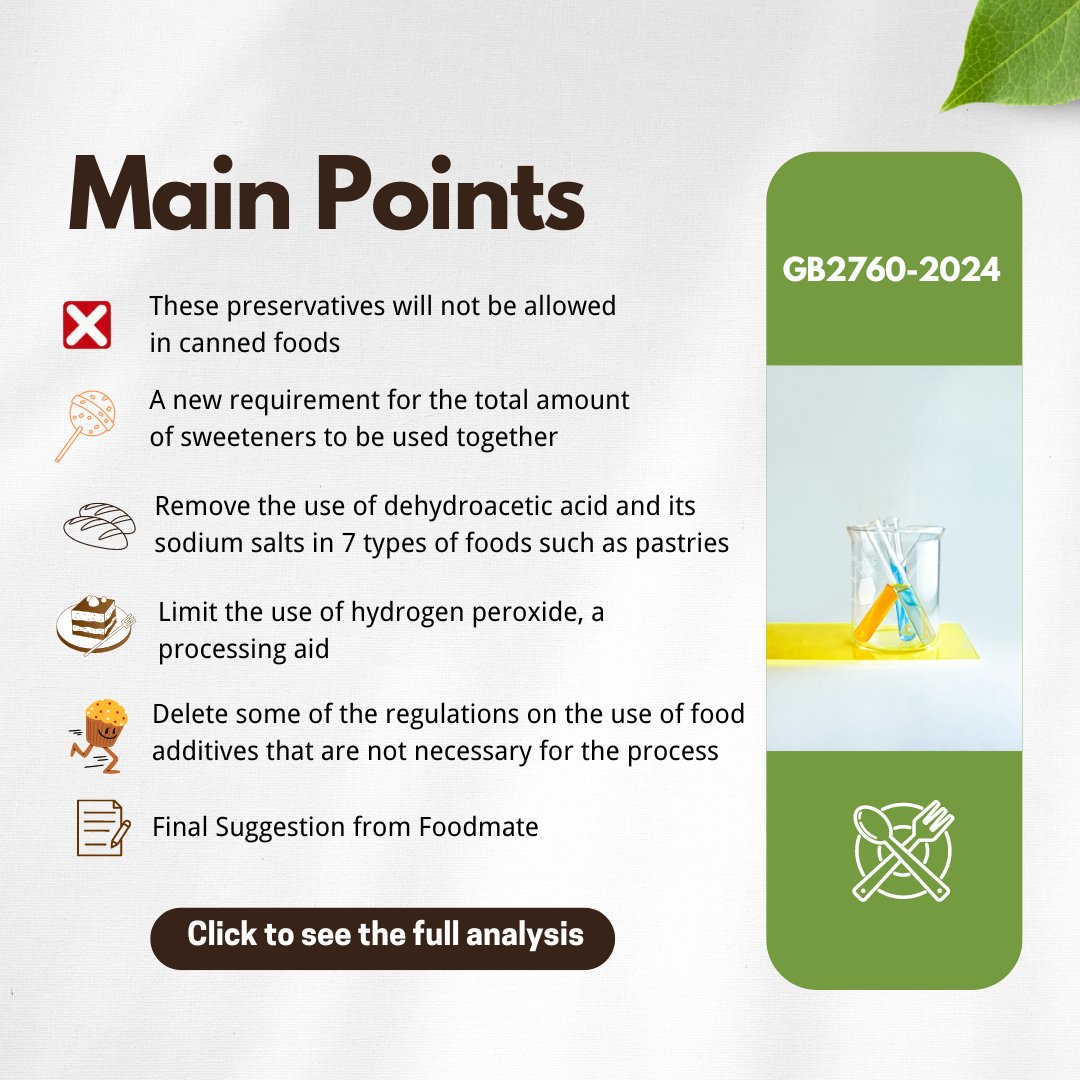 GFoodmate's tweet image. 📢🎯On March 12, #China updated and released the "National Food Safety Standard for the Use of Food Additives" (GB 2760-2024), which will replace the GB 2760-2014 on February 8, 2025.
global.foodmate.net/news/showt-119…
#China #foodadditive #foodstandard #GB2760
