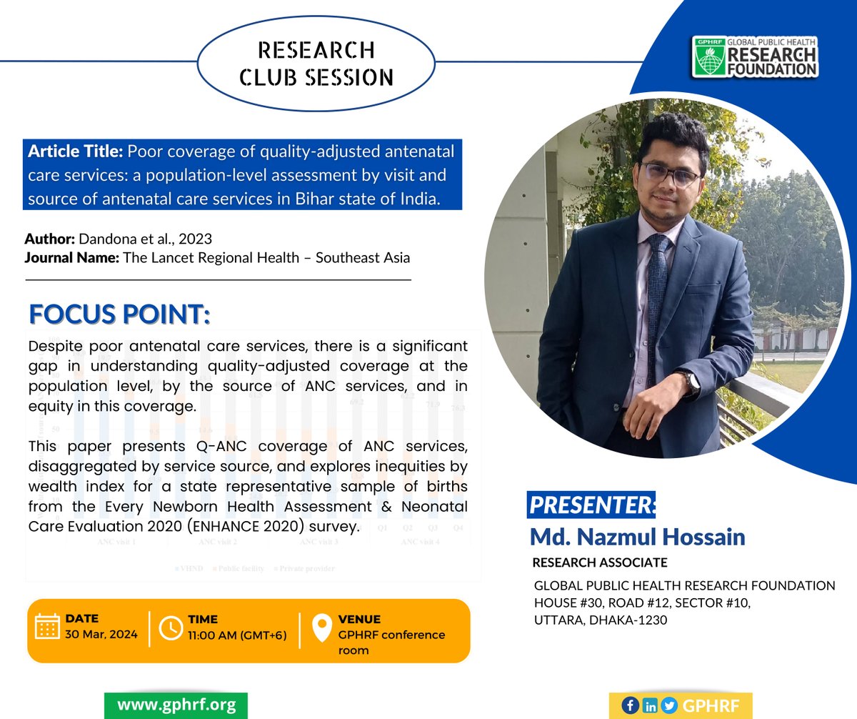 GPHRF's tweet photo. The Global Public Health Research Foundation would like to introduce our monthly session for the GPHRF Research Club. One of our devoted Research Associate, Md. Nazmul Hossain, has fixed  an interesting study. The study's specifics are shown in the list below.

#gphrf #research https://t.co/r2Y9B35urt