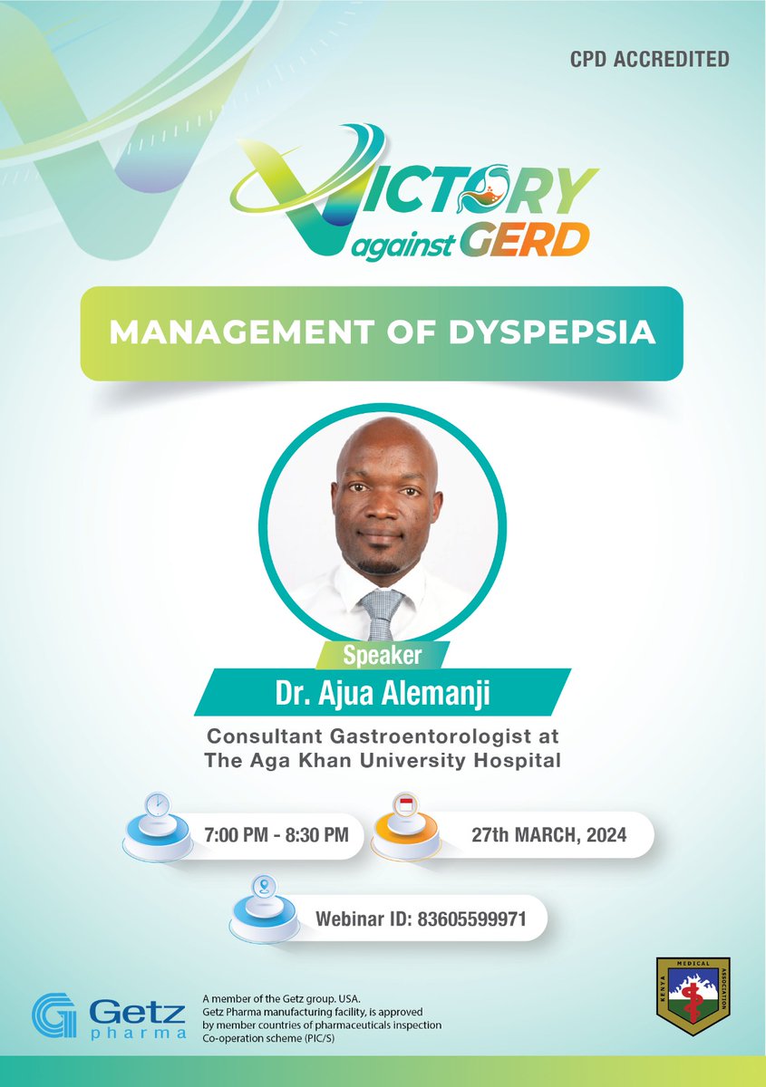 TODAY AT 7⃣ PM Getzpharma | KMA CPD Accredited Webinar ~ Management of Dyspepsia

🔗 Register NOW: us02web.zoom.us/webinar/regist…

After registering, you will receive a confirmation email containing information about joining the webinar.