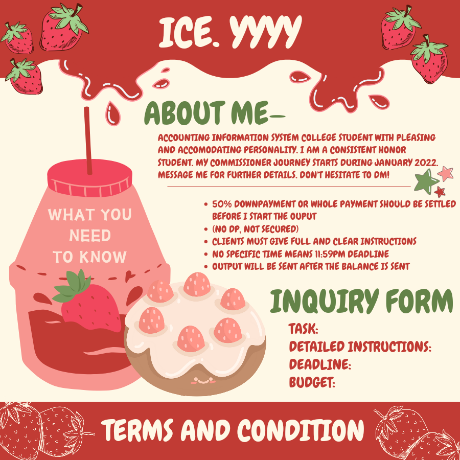 Ice_Acadcomms's tweet photo. Hi everyone! @Ice_Acadcomms 🍓 is open for academic commission. Don't hesitate to dm me for inquiries! 

check— #ICEYYYYFEEDBACK

⭕ Lf clients lf commissioner 
est. 2022 https://t.co/PDbby3mGbQ