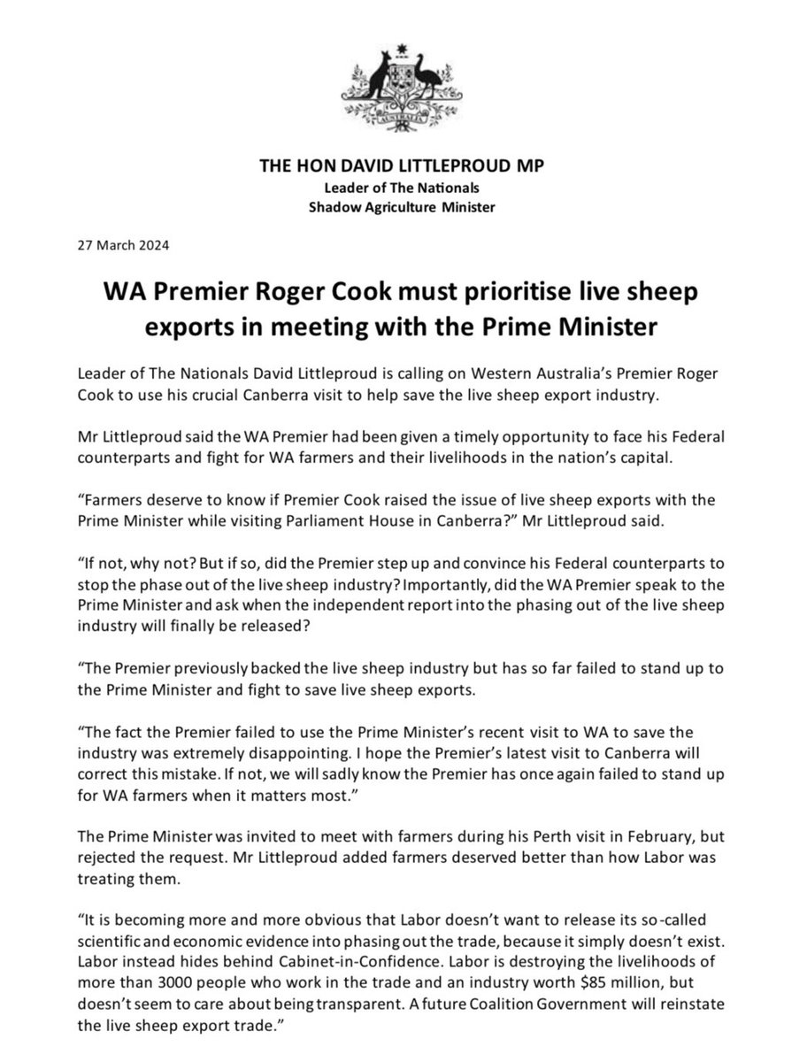 Farmers deserve to know if the WA Premier raised saving the live sheep export industry with the Prime Minister or not.