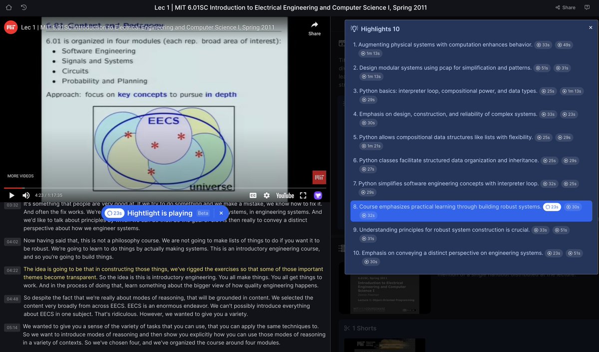 MIT 6.01SC Introduction to EECS I -- This course provides an integrated introduction to electrical engineering and computer science, including modern software engineering, linear systems analysis, electronic circuits, and decision-making. Lec 1: coursnap.app/share/video/46… Lec 2:…