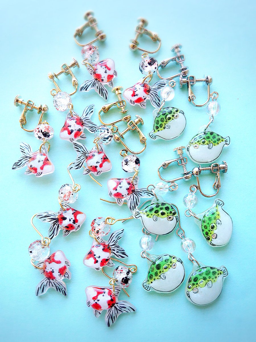 キャリコ金魚とミドリフグの耳飾り完成しました♪