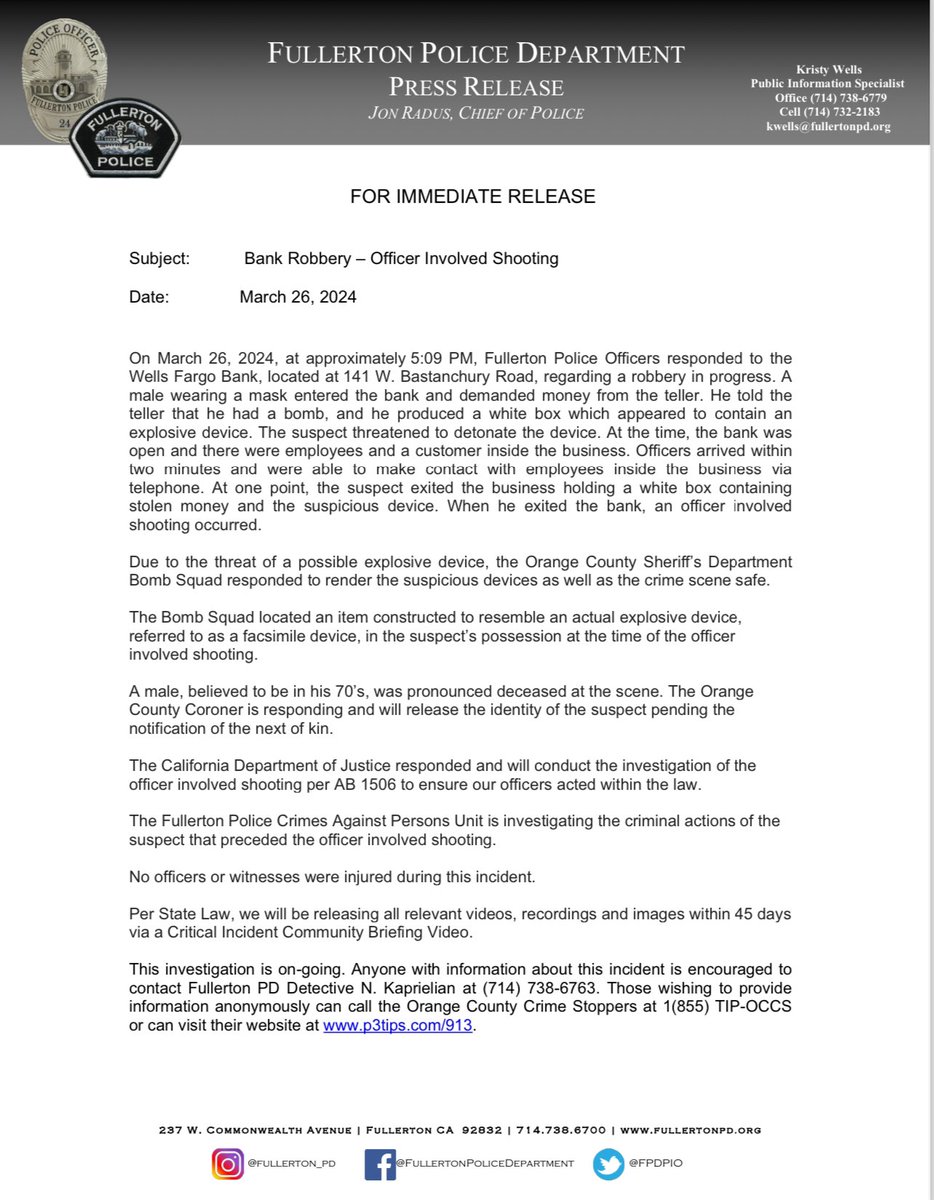 Press Release - Officer Involved Shooting / Bank Robbery