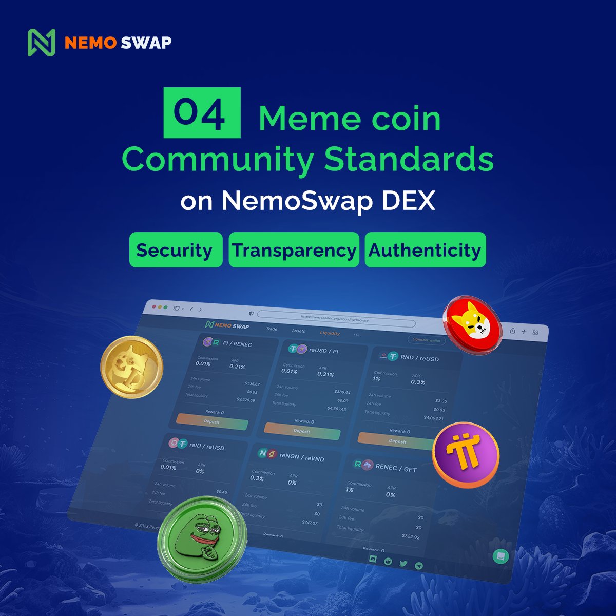 🌟 While meme coins can skyrocket fortunes, they can also lead to sudden losses. 🐠 Yet, we know you adore meme coins 🐠 To ensure a secure trading environment, we've unveiled 04 Community Standards for Meme coin listings on NemoSwap DEX. 👉 Read more: renec.org/blog/memecoin-……