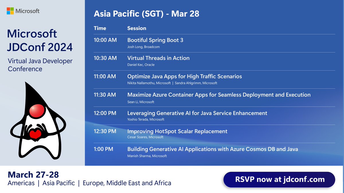 JavaAtMicrosoft's tweet image. #JDConf Asia Pacific starts in 1 hour! Don't miss the highlights for today: 
💜Bootiful Spring Boot 3
🩵Optimize Java Apps performance with Azure
🧡Build GenAI Apps with Java and more!
🪙First 200 check-ins win 5000 Microsoft Reward points! 
✅Check in now developer.microsoft.com/en-us/reactor/…