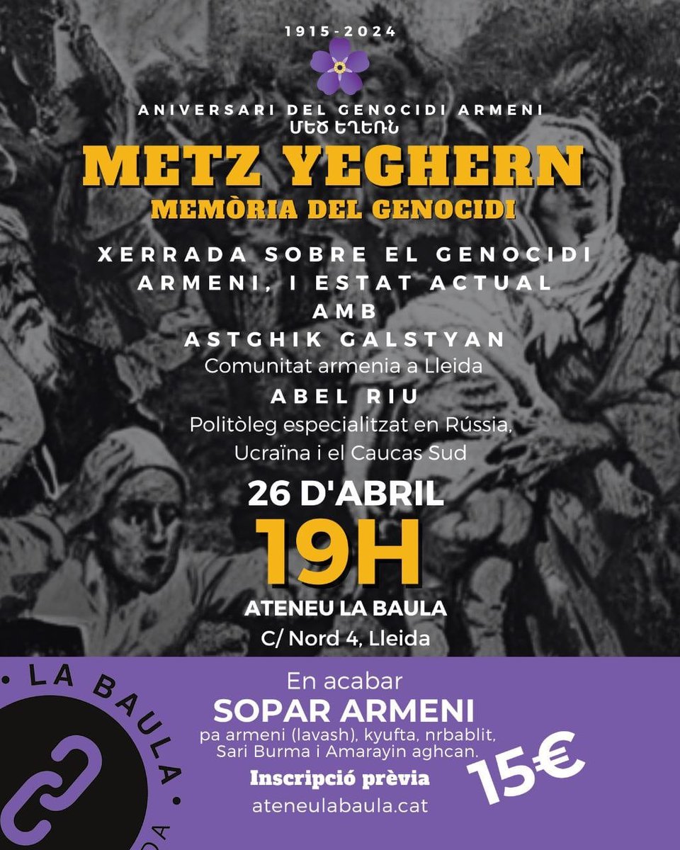 ✊🇦🇲 METZ YEGHERN - MEMÒRIA DEL GENOCIDI En commemoració de l'aniversari del genocidi armeni, el proper DIVENDRES 26/04, des de La Baula, hem organitzat una jornada sobre el genocidi i l'estat actual d'Armènia.