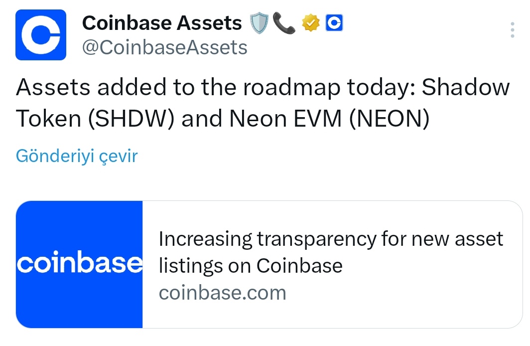 🌠 Coinbase, listeleme yol haritasına Shadow Token (#SHDW) ve Neon EVM'yi (#NEON) eklediğini duyurdu. $SHDW $NEON