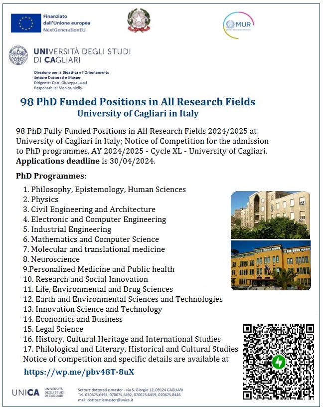 agristok's tweet image. 📌 98 PhD Fully Funded Positions in All Research Fields 2024/2025 at University of Cagliari in Italy 🇮🇹... Please share and spread the word! For details visit: wp.me/pbv48T-8uX