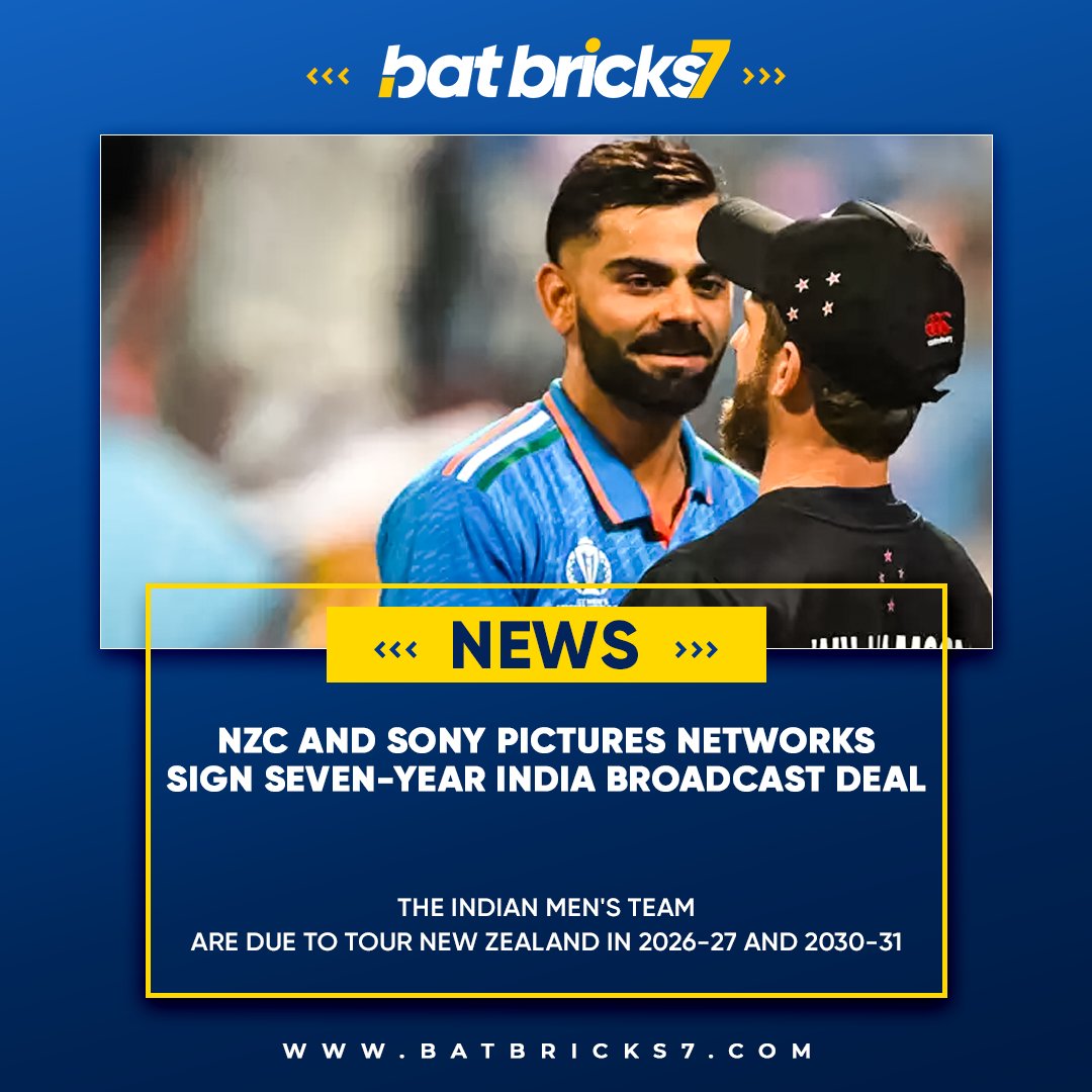 Batbricks7's tweet photo. NZC and Sony Pictures Networks Ink Seven-Year India Broadcast Deal.
Indian Men's Team to Tour New Zealand in 2026-27 and 2030-31.

#batbricks7 #news #teamindia #viratkohli #newzealand https://t.co/W6ojkFgglc