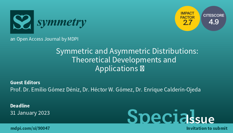 Symmetry_MDPI's tweet image. #mdpisymmetry Check this Special Issue about "Symmetric and Asymmetric Distributions: Theoretical Developments and Applications Ⅲ" at mdpi.com/journal/symmet…
Editor: Emilio Gómez Déniz, Héctor W. Gómez and Enrique Calderín-Ojeda
#probabilitydistributions #appliedstatistics